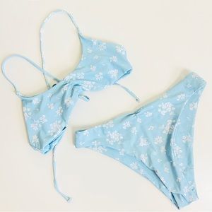 Blue Ditsy Floral Strappy Tie Back Ruched High Leg Bikini Swim Set